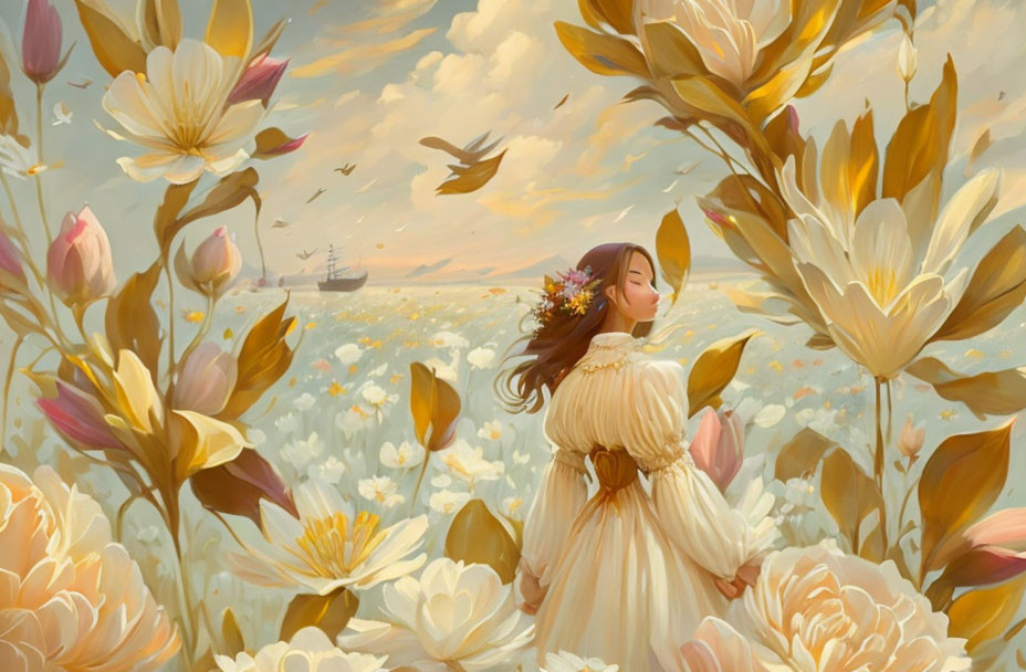 Illustration of girl surrounded by giant blooming flowers and birds under a sky with distant ship