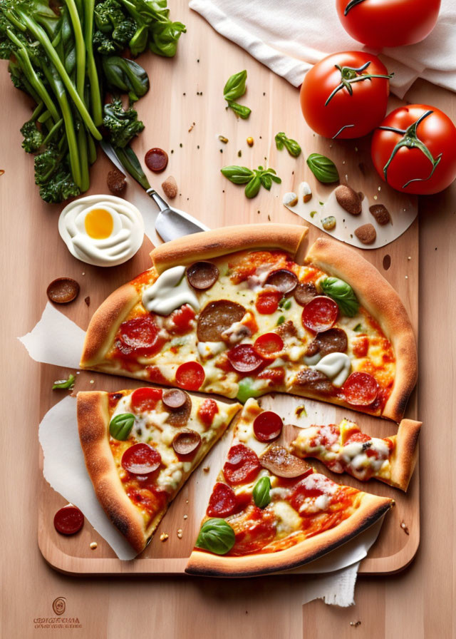 Pizza with Cheese, Pepperoni, Herbs & More on Wooden Board