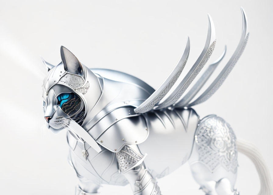 Futuristic metallic cat with armor and wings on white background