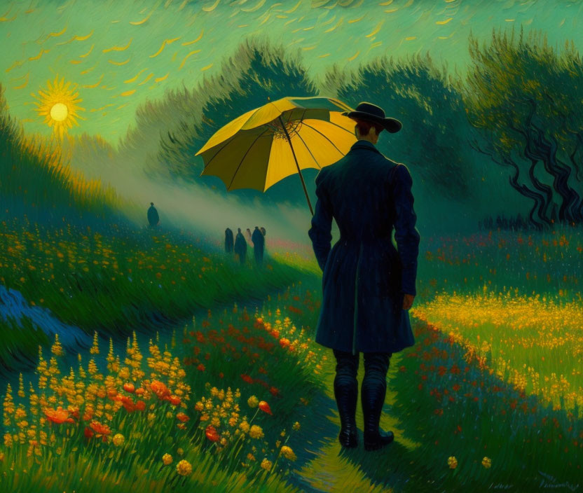 Person in coat and hat with yellow umbrella in vibrant field at sunset