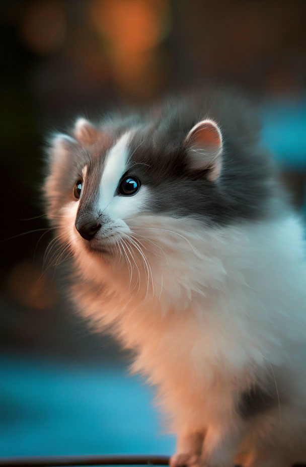 Fluffy grey and white cat with piercing blue eyes in soft lighting