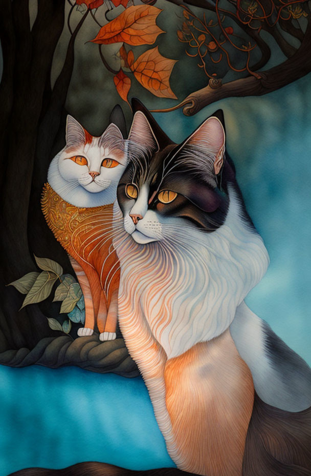 Stylized orange & black cats with intricate patterns on twilight background.