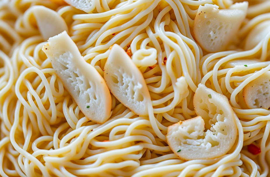 Cooked noodles with sliced garlic and spices close-up.