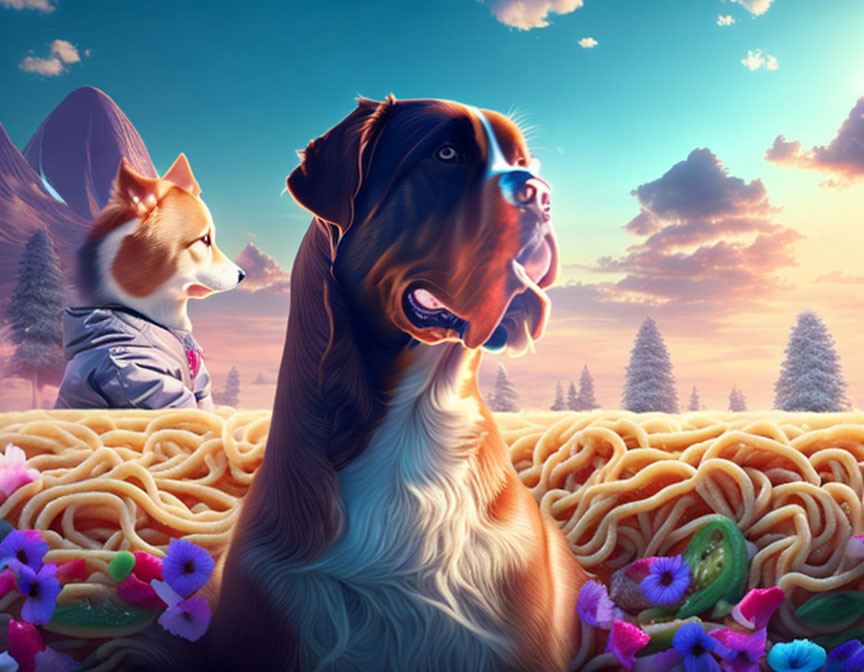 Stylized dogs in whimsical landscape with spaghetti and flowers