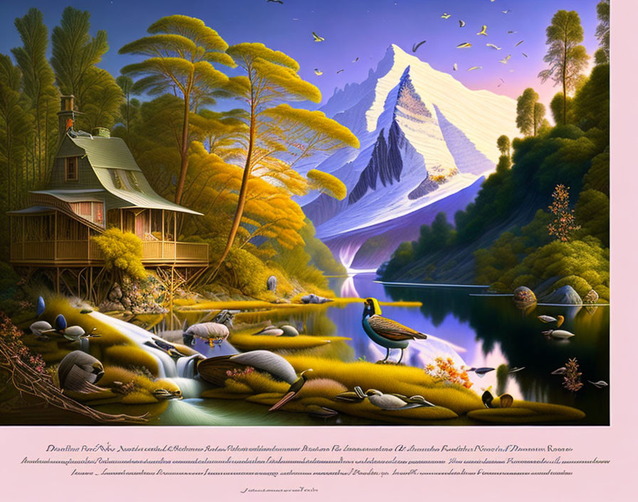 Surreal landscape painting with cozy house, lake, mountains, flora, and animals