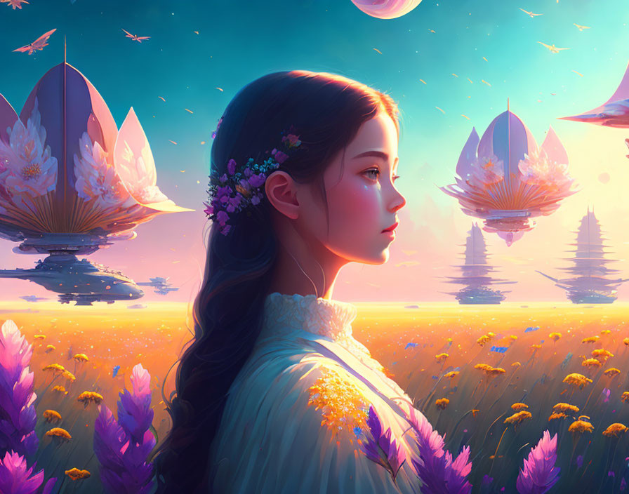 Woman with floral adornment gazes at sunset in field of flowers with flying ships in sky