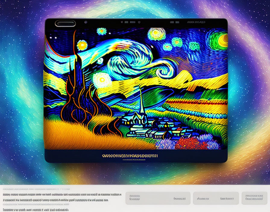 Digital tablet showcasing "Starry Night" painting with cosmic background and binary code.