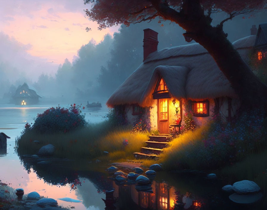 Charming Thatched Cottage Surrounded by Greenery and Water at Twilight