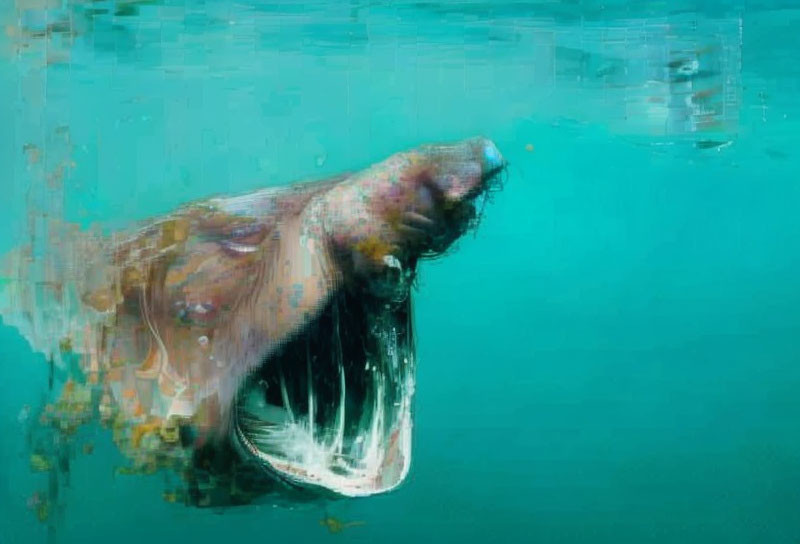 Walrus partially submerged in turquoise water with tusks and whiskered face.