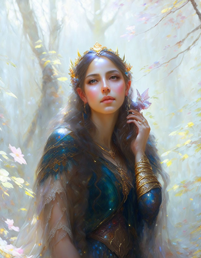 Regal woman with golden crown in mystical setting surrounded by cherry blossoms