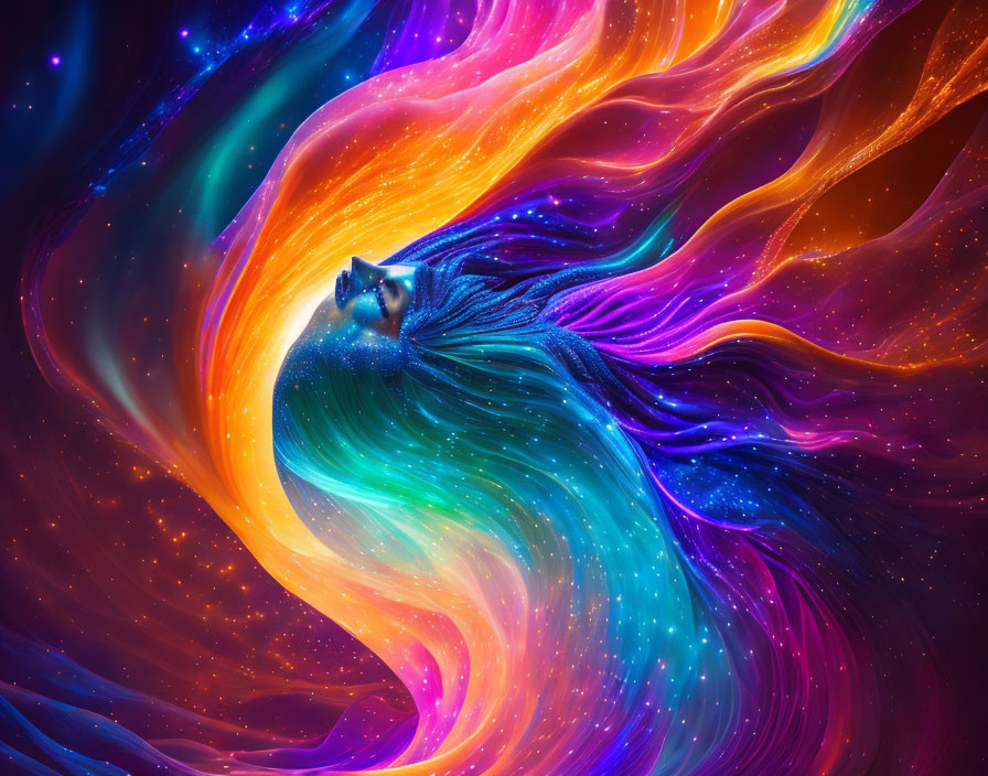 Colorful digital art: Woman's silhouette merges with cosmic nebula