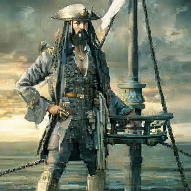 Detailed Pirate Illustration with Sword and Pistol on Ship Deck