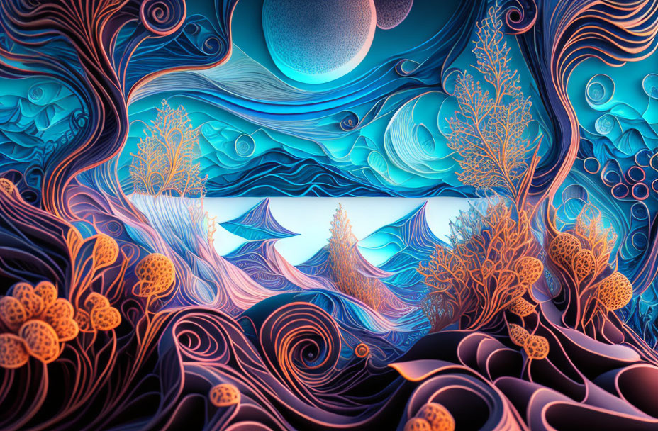 Surreal moonlit landscape with vibrant waves and trees