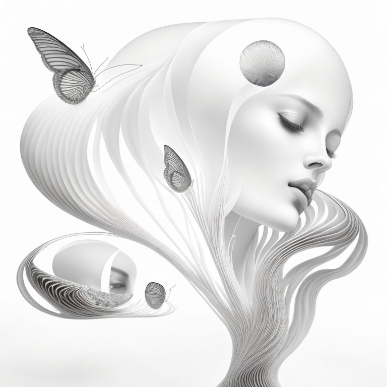 Surreal illustration: Woman transforming into waves with butterflies and circular cutouts