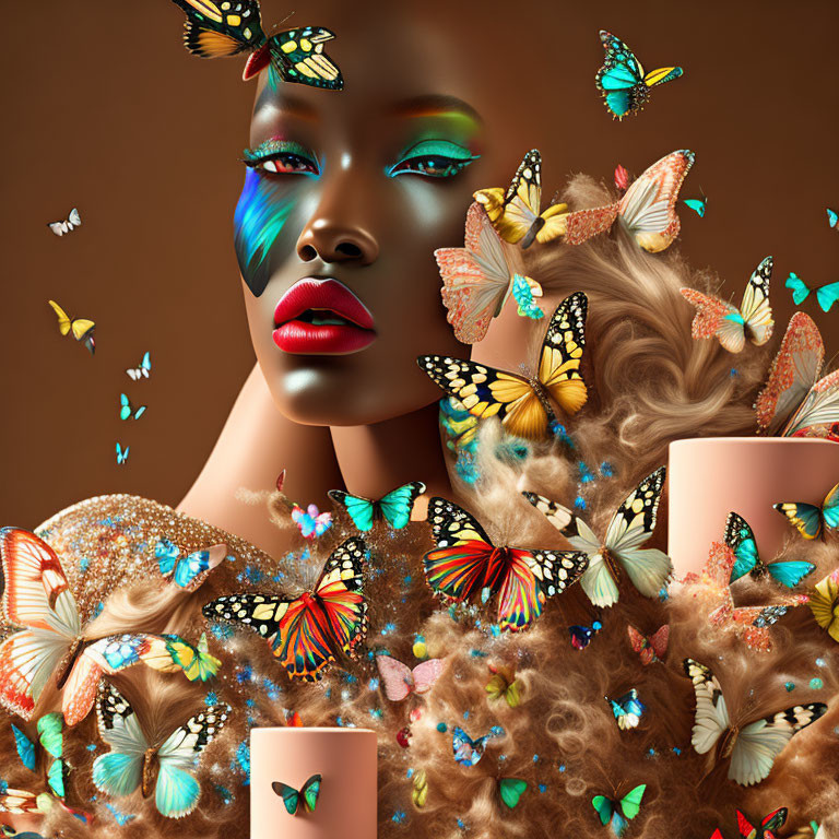 Colorful butterflies surround a woman with vibrant makeup