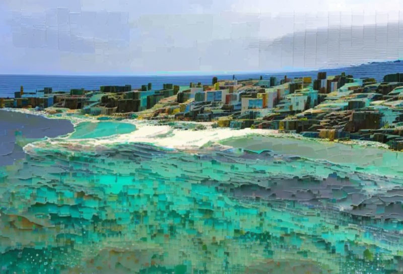 Abstract glitch art image: pixelated sea and shoreline in surreal blues and greens