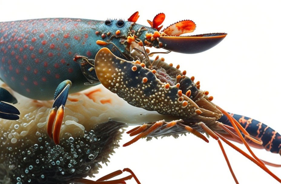 Colorful Lobster with Spotted Shell and Claws on White Background