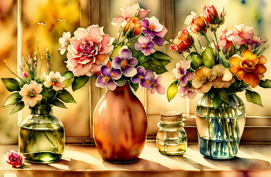 Colorful Flowers in Vases on Sunny Windowsill