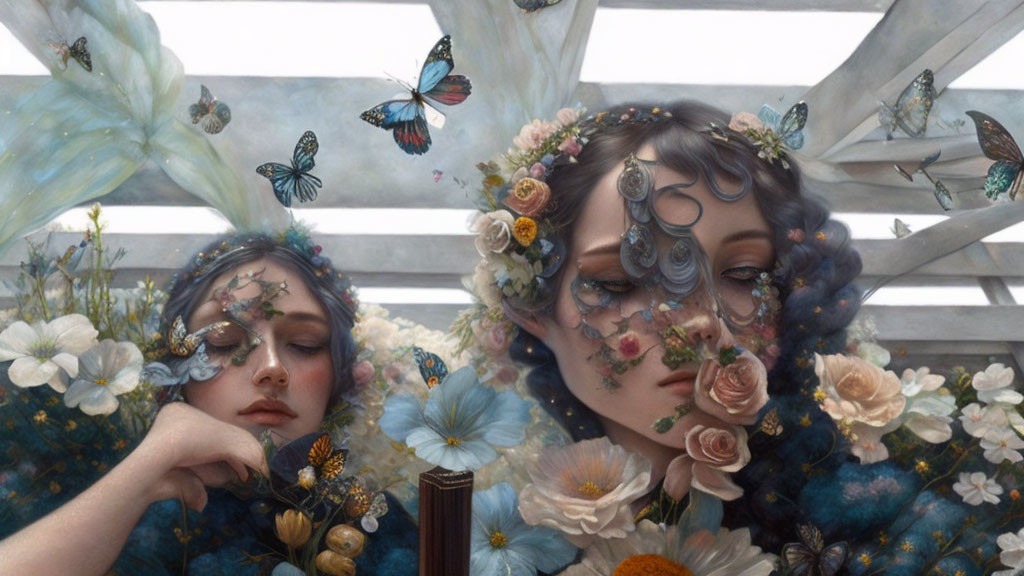 Ethereal figures with floral and butterfly adornments in botanical setting