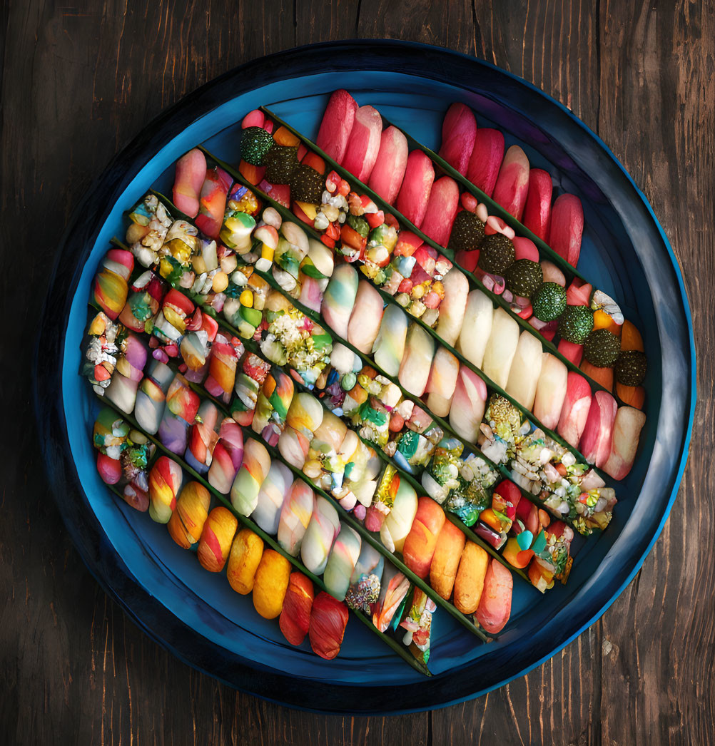 Vibrant sushi rolls and sashimi on blue platter on wooden table