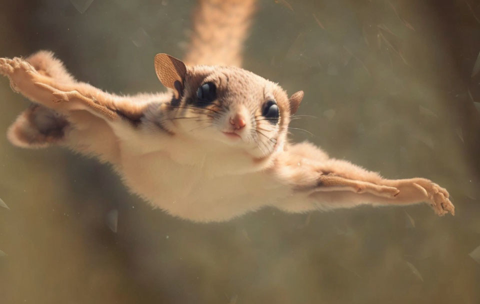 Flying squirrel mid-glide with extended limbs and stretched membrane.