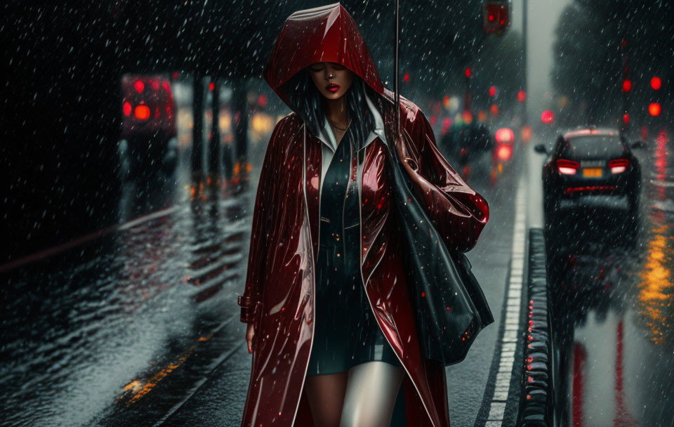 Woman in Red Raincoat Walking on Rainy Street with Umbrella