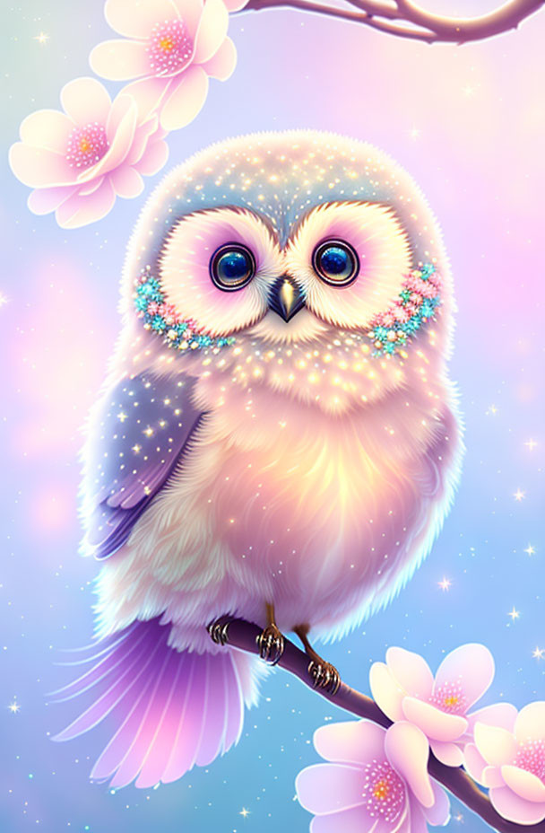 Colorful whimsical owl perched on branch with pink flowers