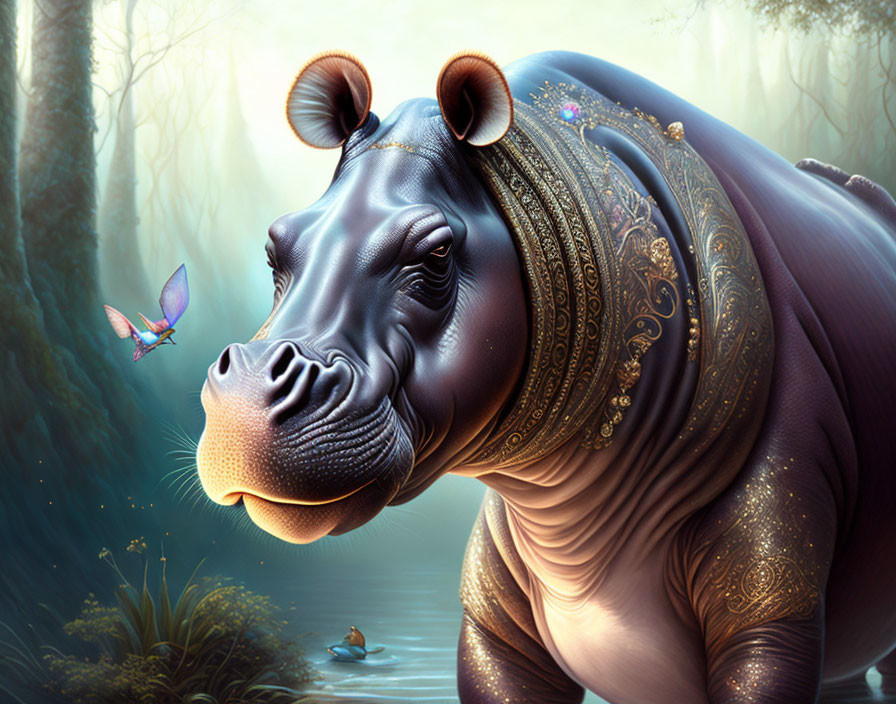 Decorated hippopotamus in misty forest with butterfly and frog