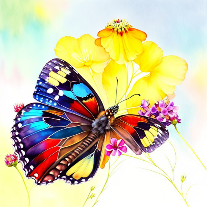 Colorful Butterfly Painting on Yellow Flowers with Pastel Background