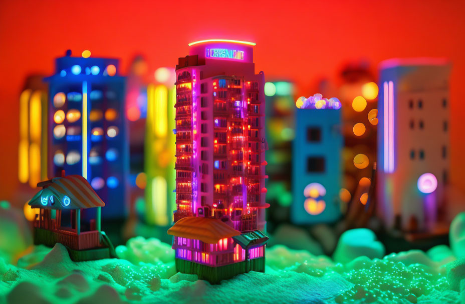 Colorful Miniature Cityscape Illuminated on Red and Orange Background