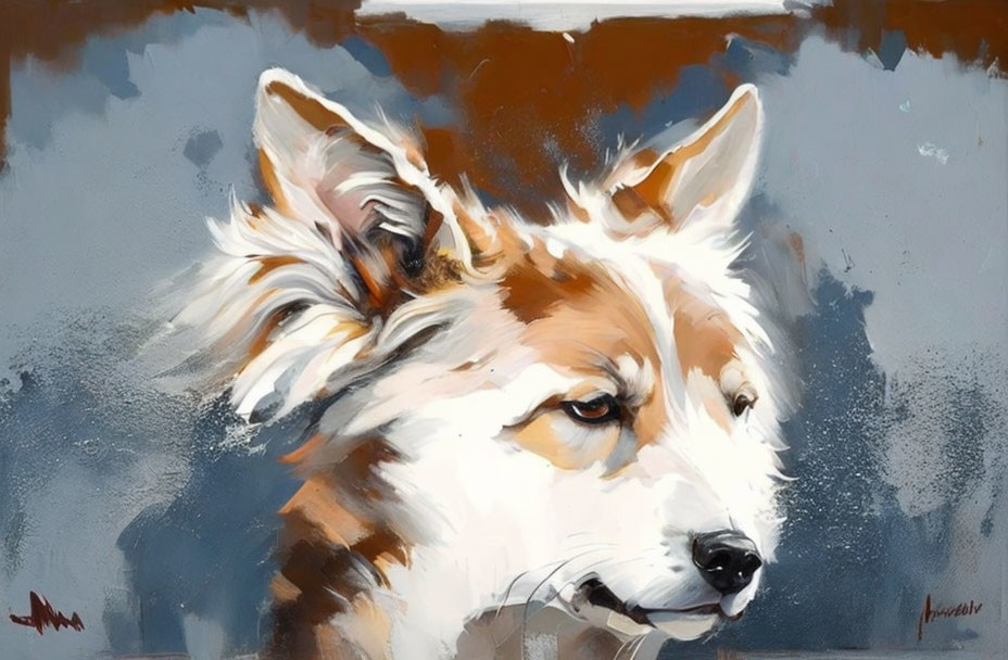 Realistic brown and white dog painting with expressive brush strokes on contrasting background