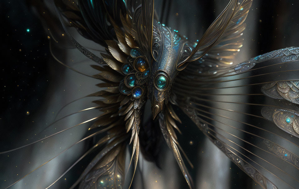 Detailed digital art of mechanical bird with metallic feathers in dark, star-filled backdrop