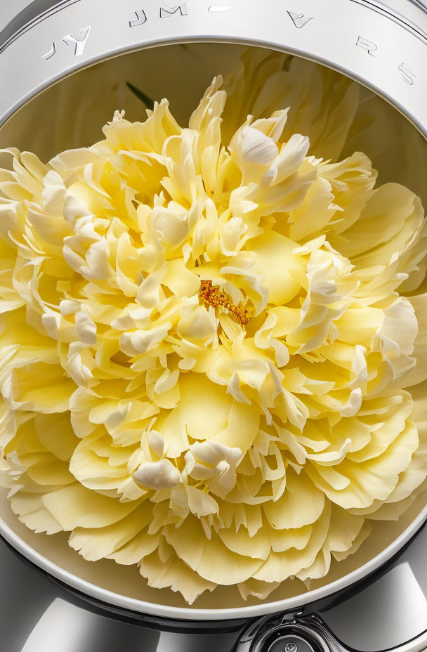 Yellow peony bloom in vase with embossed letters on pale background