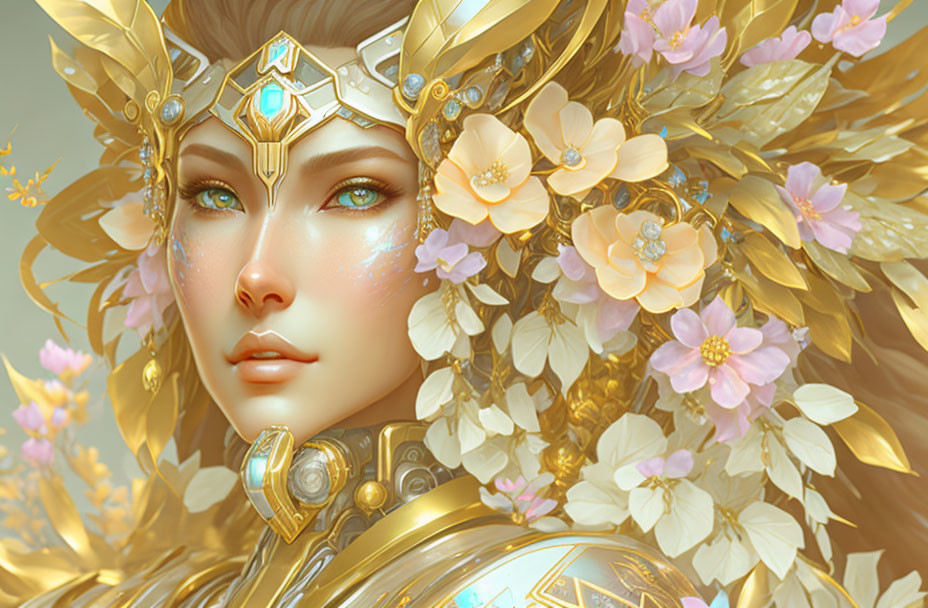 Digital artwork: Woman in ornate golden armor with floral adornments