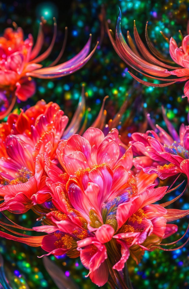 Bright red flowers with pink and yellow centers in a neon-lit garden scene