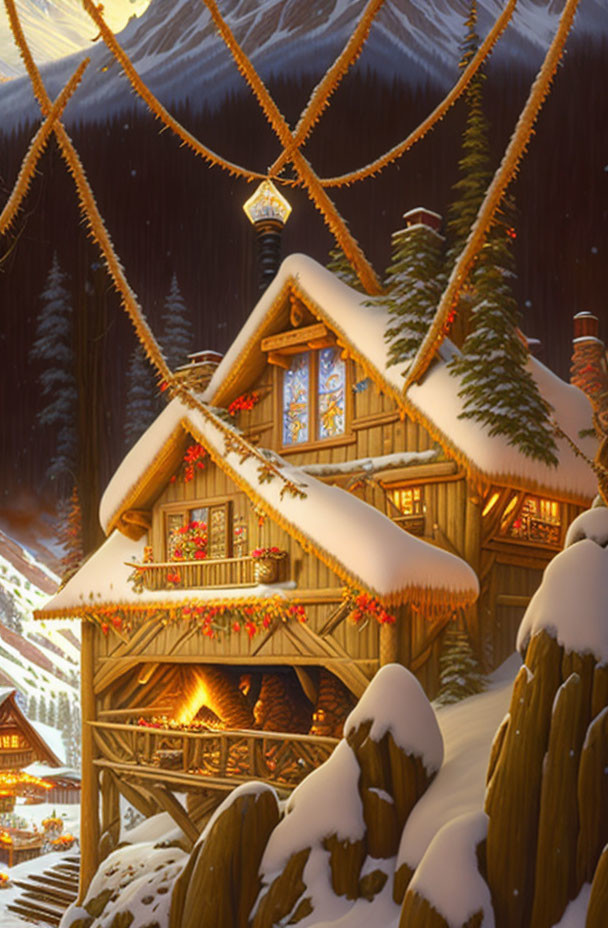 Snow-covered chalet with Christmas decorations in peaceful mountain village