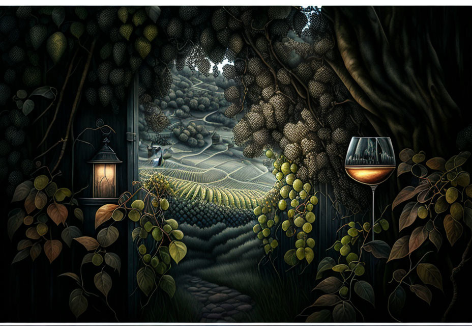 Vineyard night scene with grapevines, wine glass, and lantern.