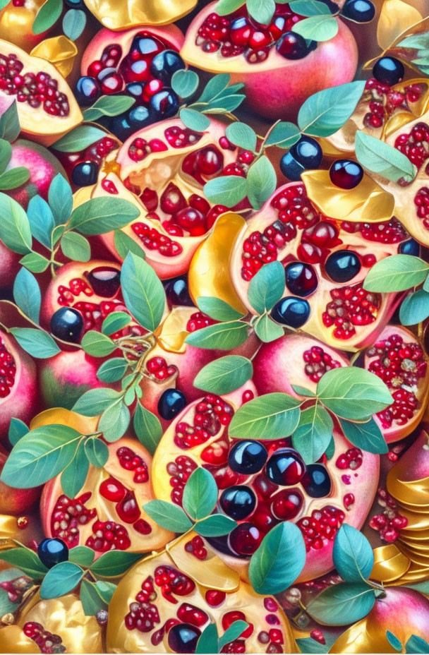 Colorful Still Life Painting of Peaches, Cherries, and Pomegranates