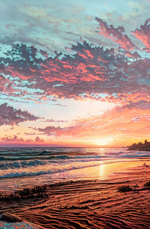 Vibrant Beach Sunset with Fiery Clouds and Warm Colors