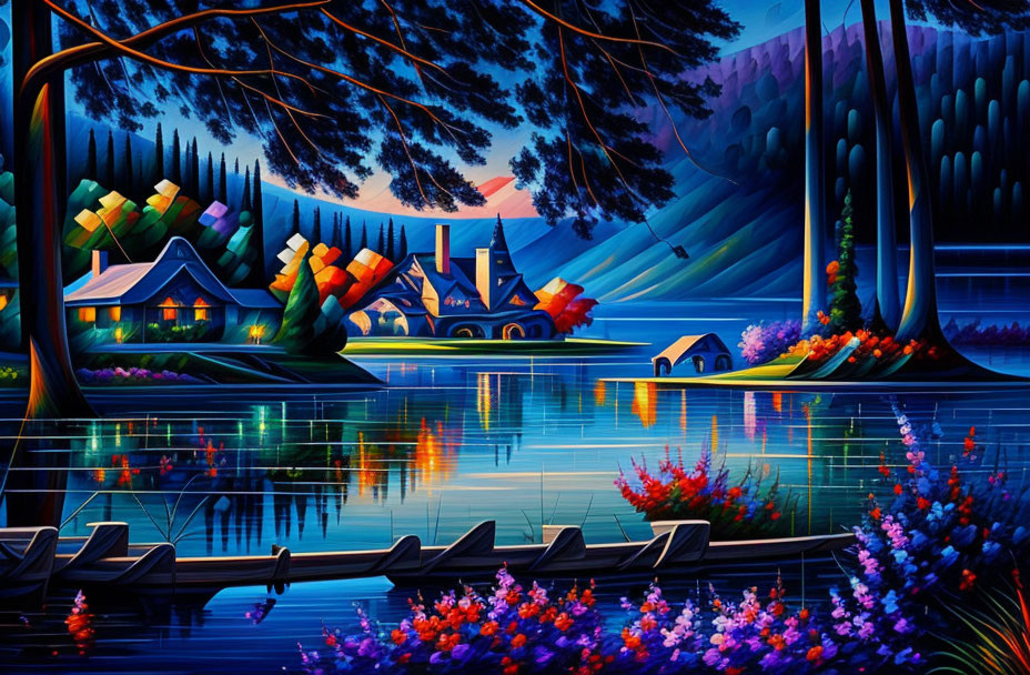 Colorful painting of lakeside houses at twilight with reflections and lush surroundings