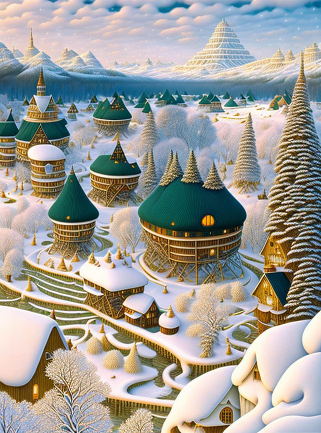 Snow-covered village with conical roofs in serene mountain landscape