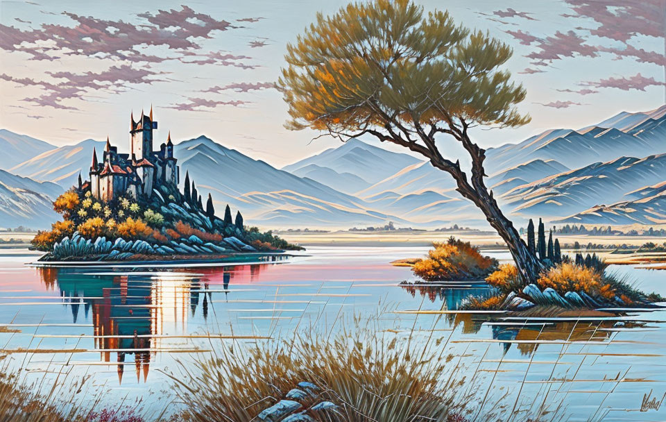 Scenic landscape painting: castle by lakeshore, mountains, tree, cloudy sky