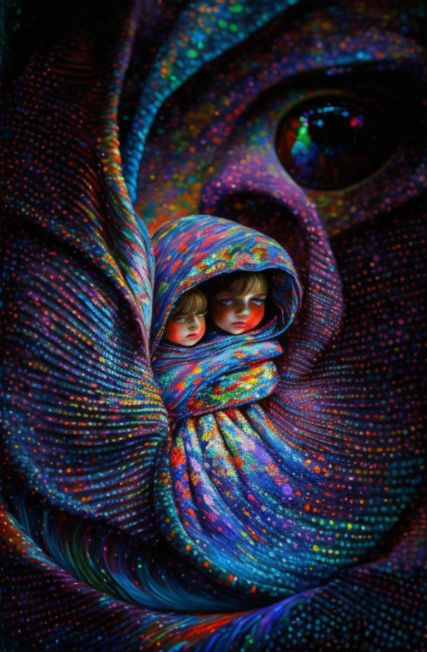 Vibrant cosmic blanket with two individuals and colorful eye.