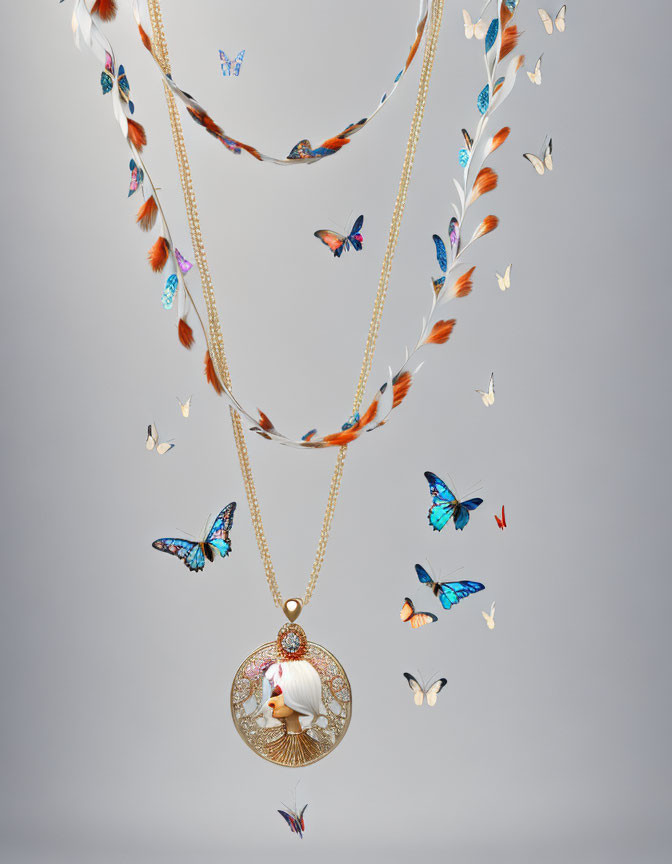 Circular Gold Chain Pendant with Butterflies and Feathers on Gray Background