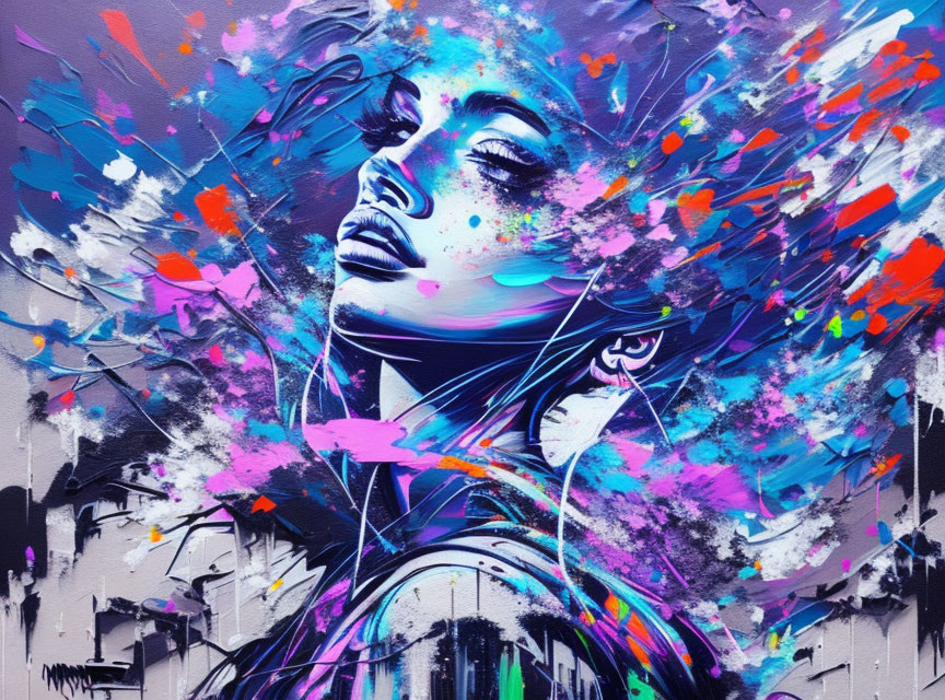 Colorful street art profile with abstract splashes symbolizing creativity.