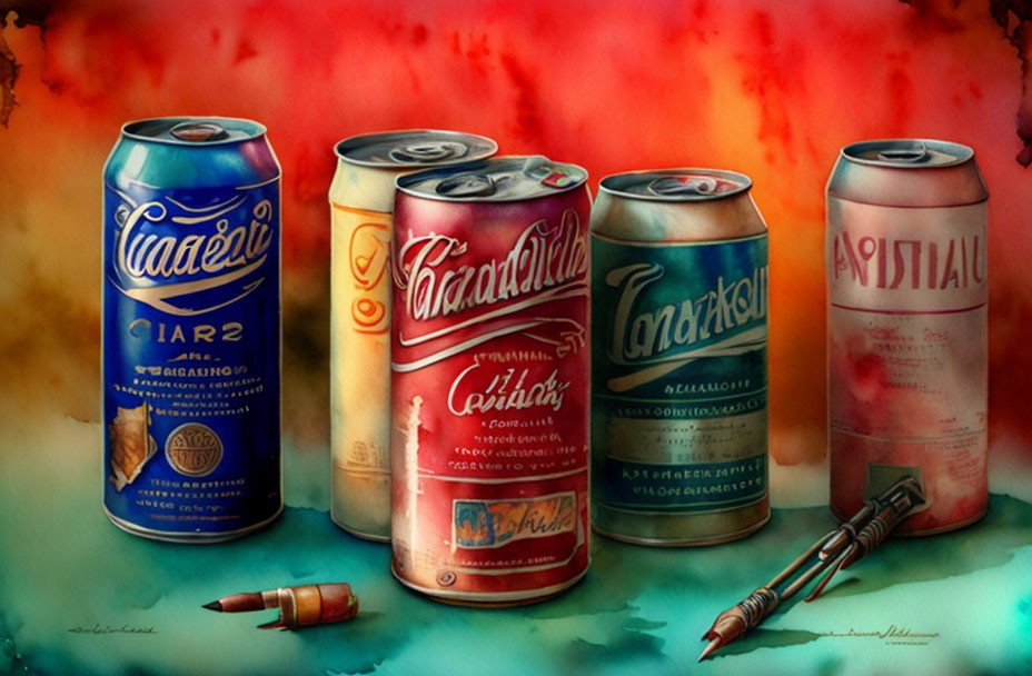 Intricately Illustrated Russian Text Beer Cans and Pencils on Watercolor Background