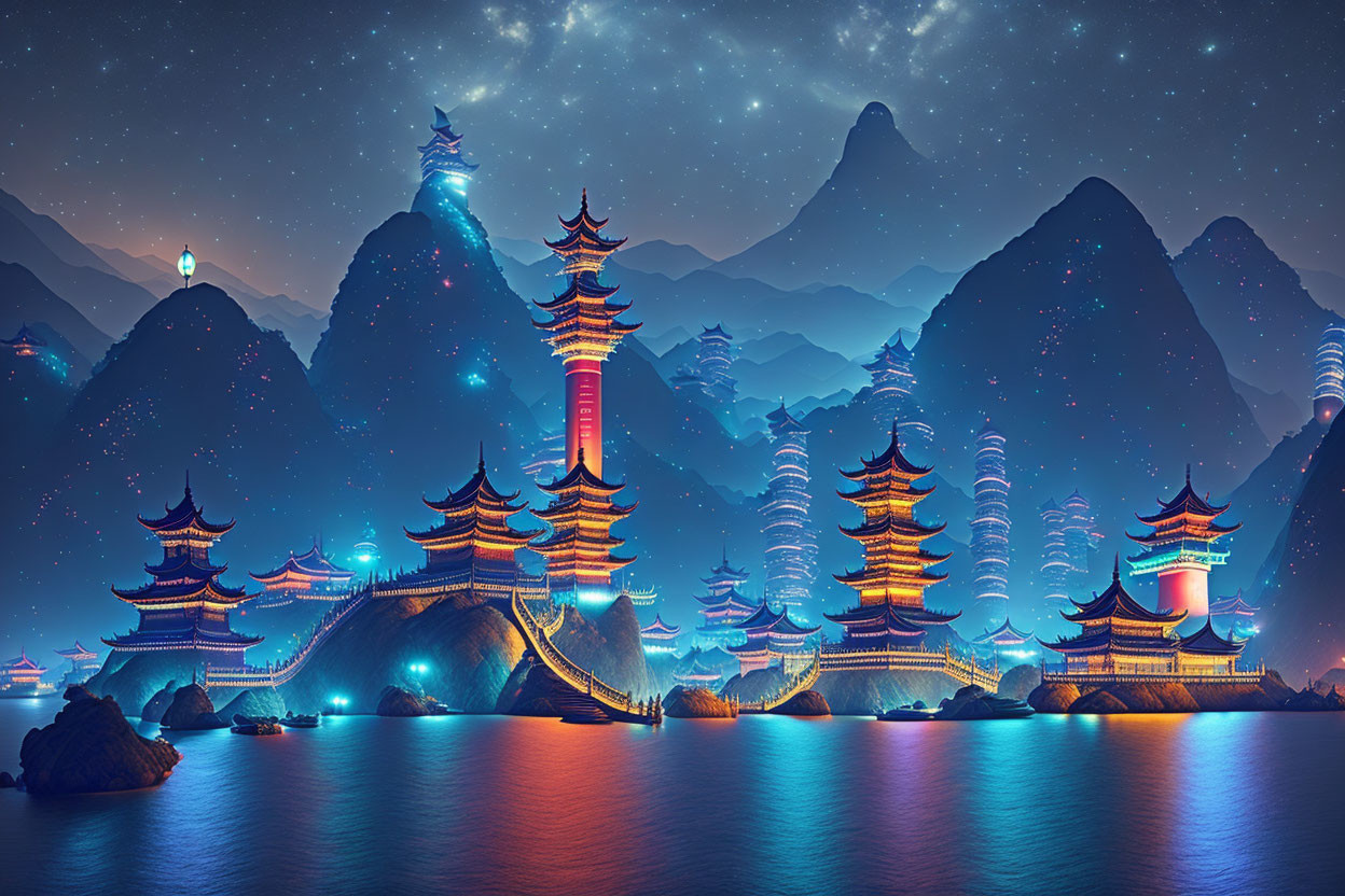 Traditional Asian pagodas in mystical nocturnal landscape