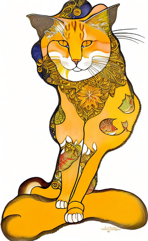 Detailed Cat Illustration with Orange-Yellow Patterns and Blue Accents