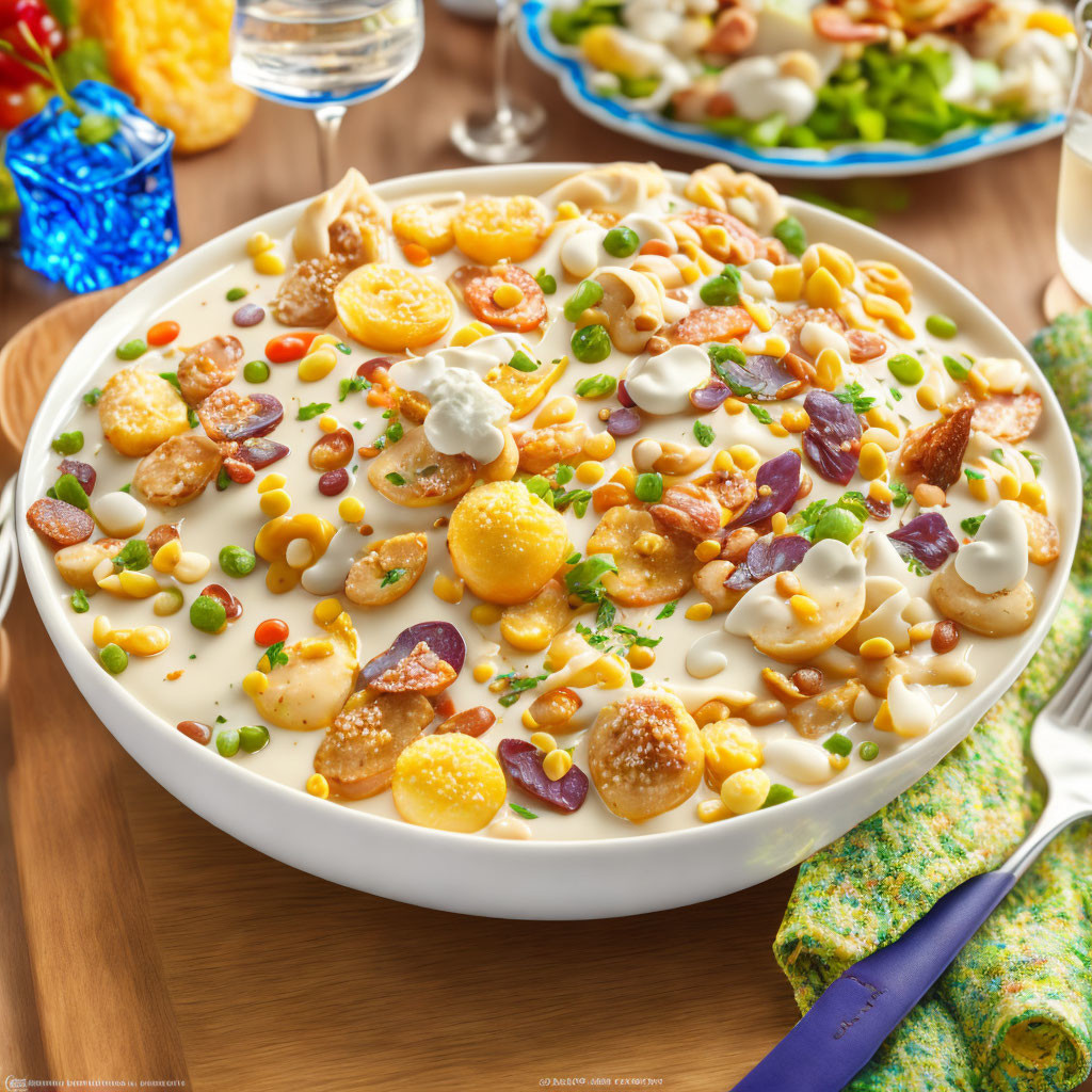 Vibrant corn and bean salad with cheese and croutons on white plate