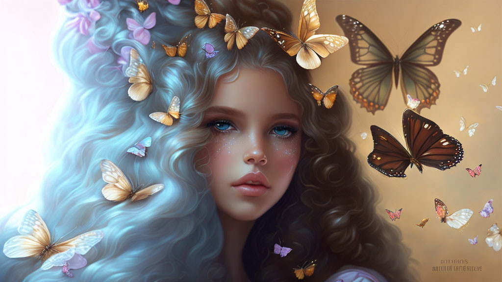 Colorful digital art: Girl with voluminous curly blue hair and butterflies